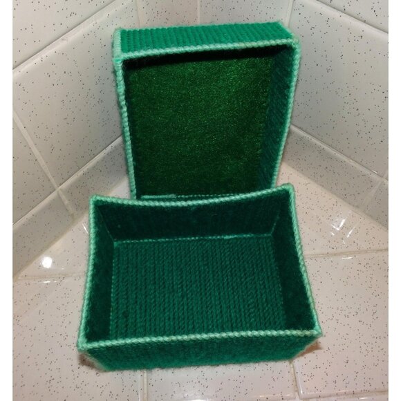 Handmade Aqua & Peach Plastic Canvas Needlepoint Trinket Box cross stitch craft - Picture 5 of 11